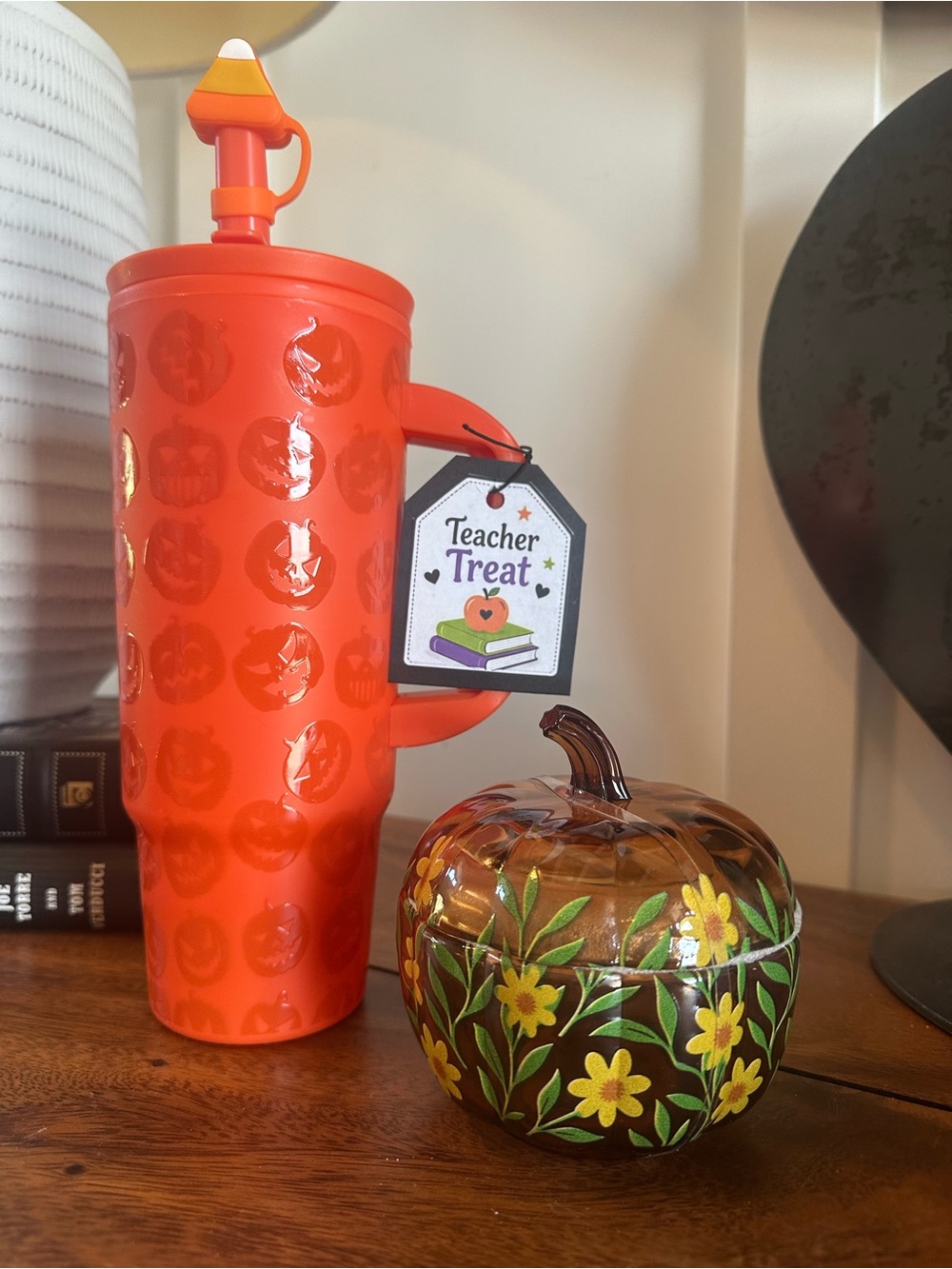 NEW Halloween Teacher Gift Set Pumpkin Tumbler + Glass Pumpkin Trinket Box